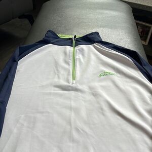 Footjoy mens large golf pullover shirt, blue white lime green, great cool days.